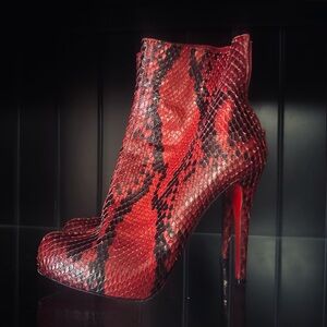 Christian Louboutin Red and Black Heeled Boots with Exotic Texture